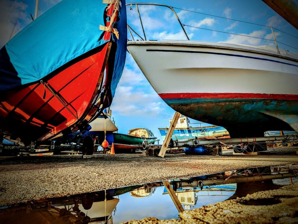 Boats in winter storage beside the harbour.