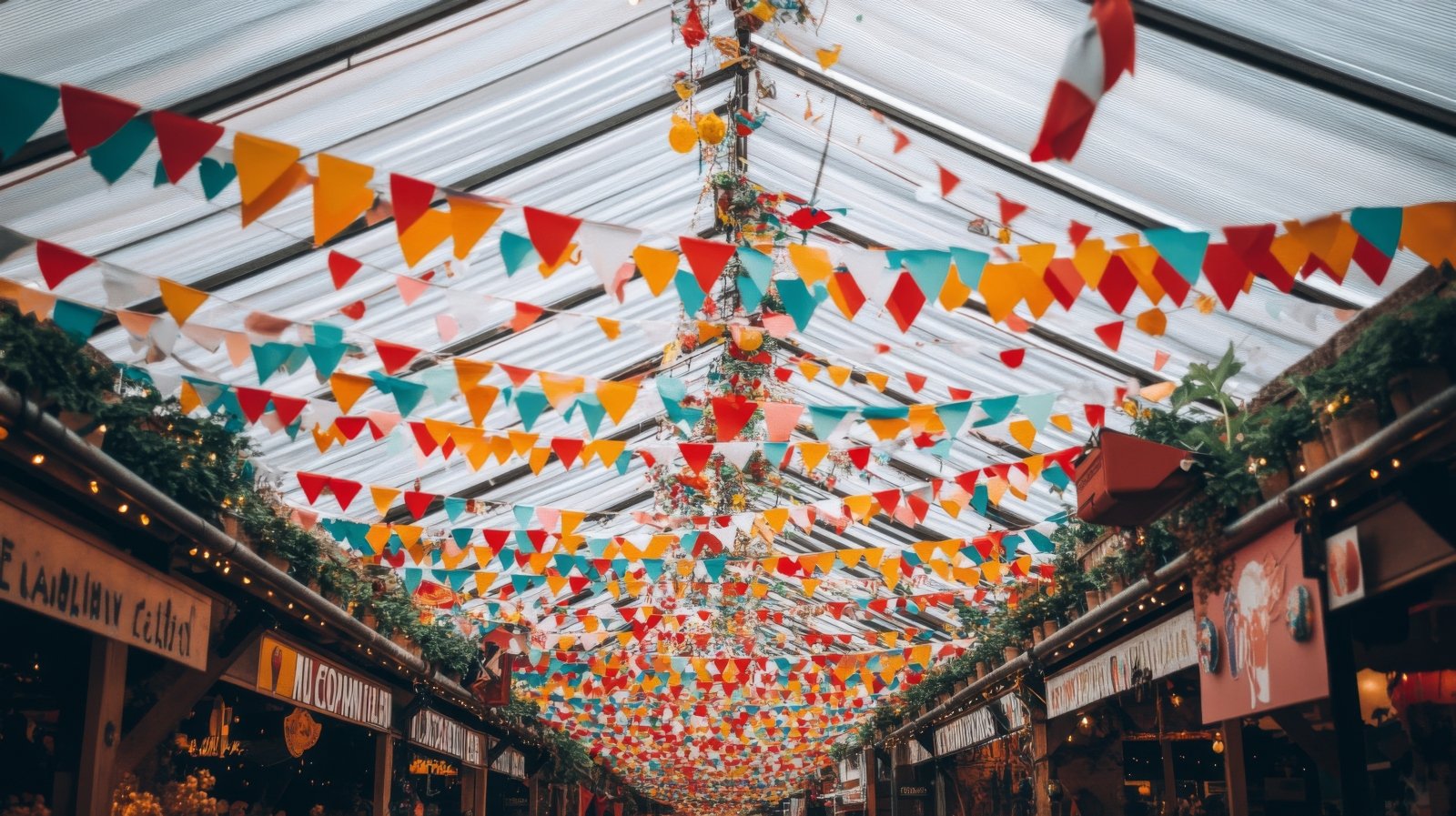 Colorful Flags Draped Over a Market Street