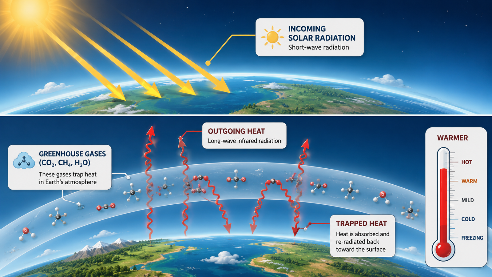 Diagram showing incoming solar radiation warming the Earth, and greenhouse gases trapping outgoing heat in the atmosphere