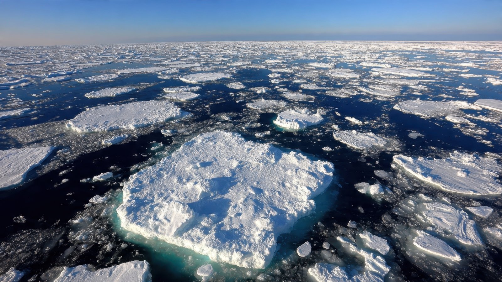 Aerial view of Arctic sea ice, showing large ice floes separated by areas of dark open ocean.