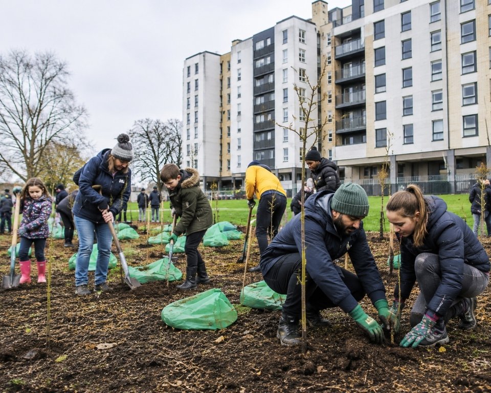 Adults and children planting young trees together in a community green space beside residential buildings.