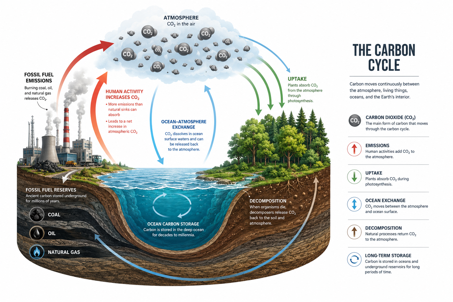 Diagram of the carbon cycle showing how carbon moves between the atmosphere, oceans, land and living things.
