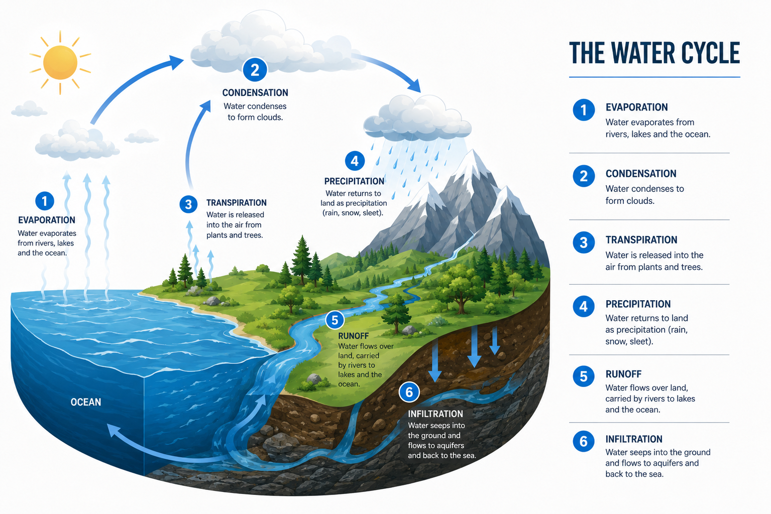 Diagram of the water cycle showing evaporation, condensation and precipitation.